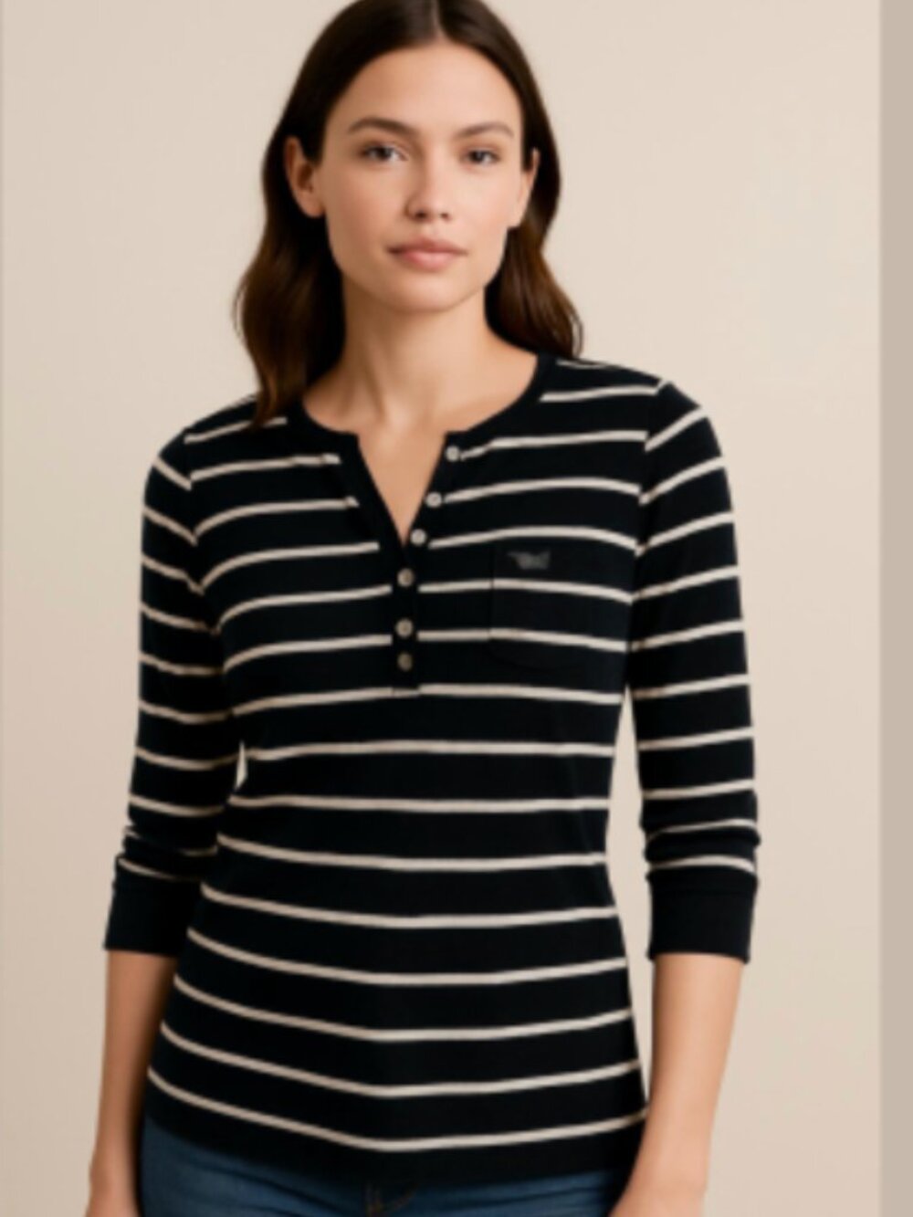 LAUREN Ralph Lauren Striped Cotton Henley Top Black and White Large